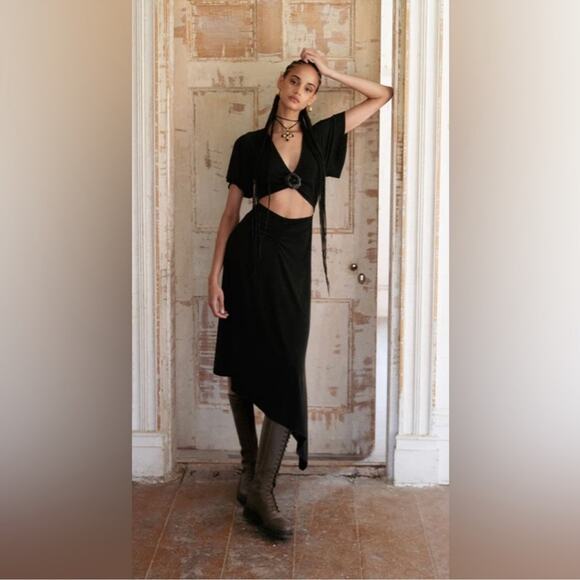 WeWoreWhat Cut Out Asymmetrical Dress with Rosette Detail in Black - Picture 1 of 5